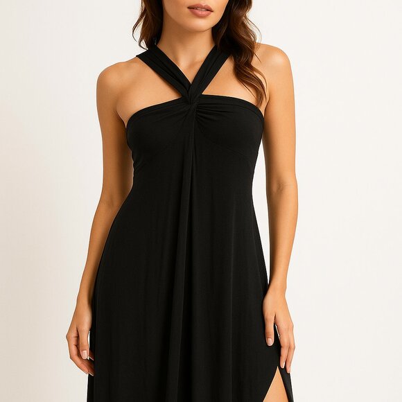 EC (NWT) Women's Black Sleeveless High-Low Maxi Dress Crisscross Front S/M - Picture 1 of 4